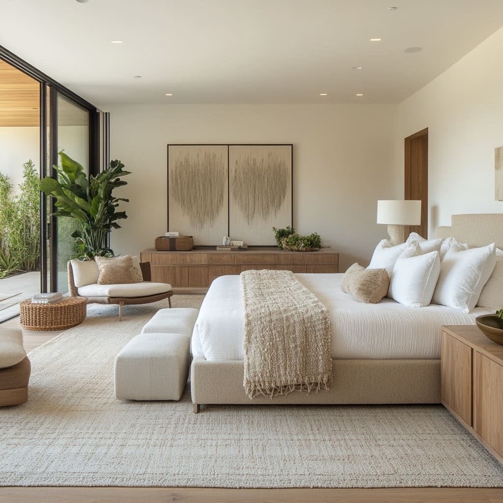 Suíte finalizada em tons de areia e madeira, com cama, chaise e abertura para o jardim